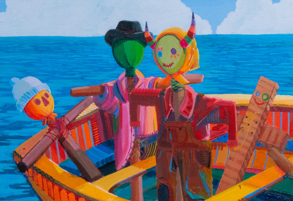 A colourful painting of a boat using bird scarecrows instead of people, zoomed version